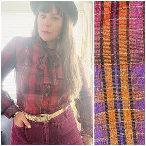 Vintage Blouse 70s Miss Capri Check Plaid Secretary Bow Blouse | Small